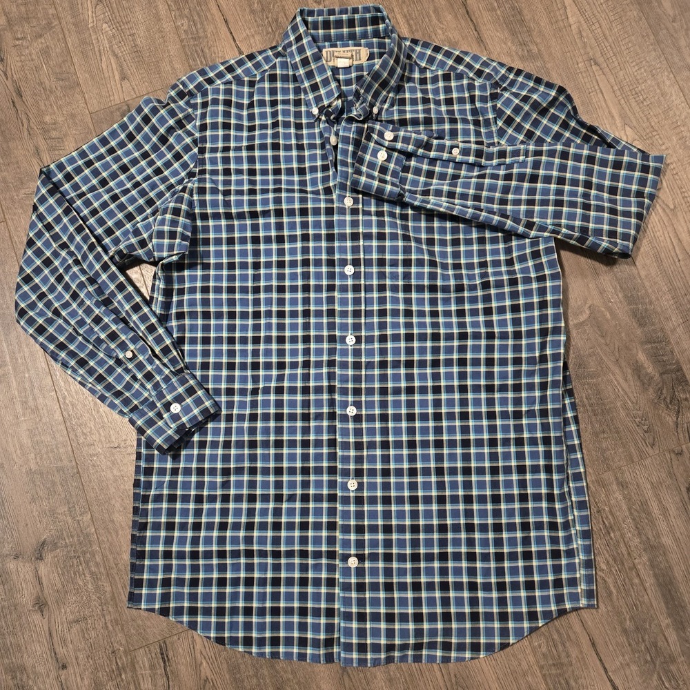 Duluth Trading Co Slim Fit Button Down Shirt Mens L Tall Blue Plaid 100% Cotton